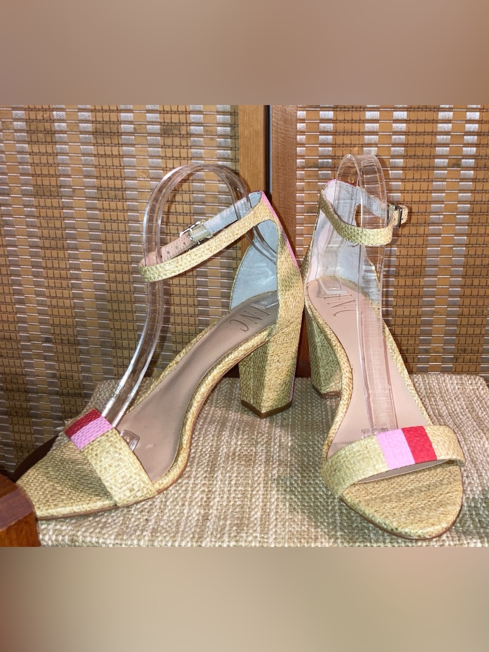 INC | Tan Kivah Block Heel Ankle Strap Sandals w/ Pink & Red Accent - Size 7.5